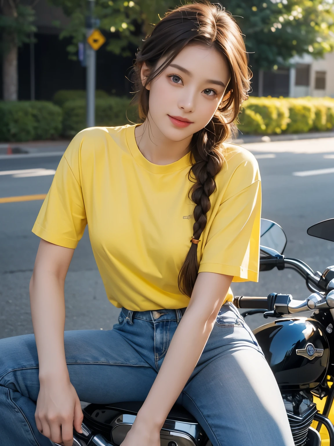 (masterpiece:1.3), (8K, realistic, Raw photo, highest quality:1.4), (realistic face), (brown hair, braided hair:1.3), beautiful hairstyle, realistic eyes, Detailed and beautiful blue eyes, (realistic skin), (beautiful skin), (((Straddling a motorcycle))), Charm, ultra high resolution, surreal, golden ratio, ((smile)), ((full body shot)), (((Yellow short sleeve shirt)))、(Black long pants and racing boots)