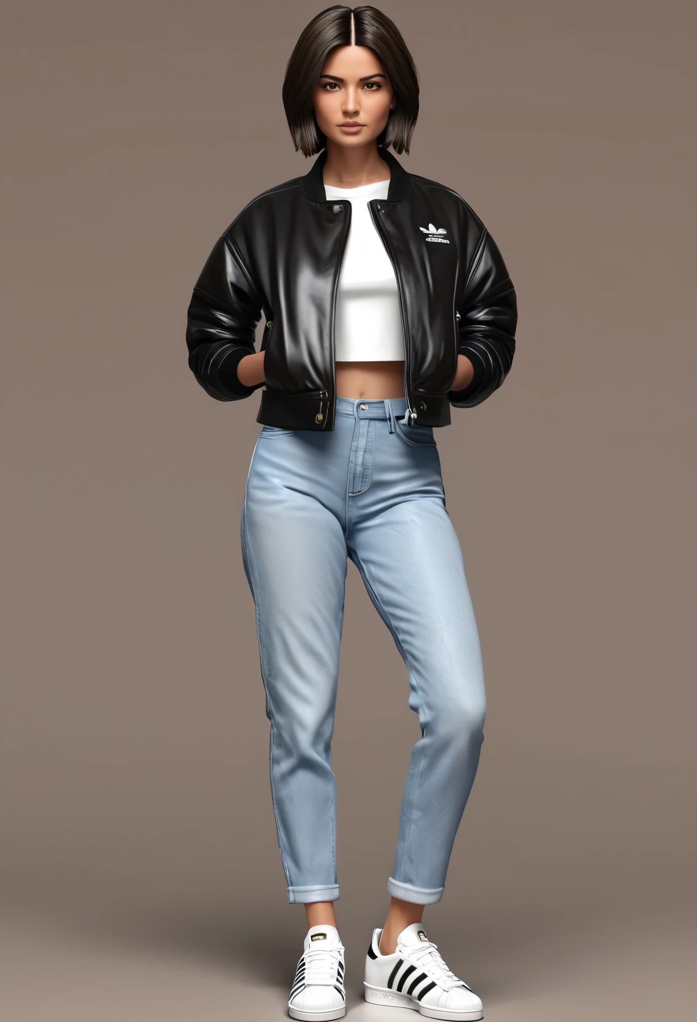 Big , realistic, 3d, short hair, dark brown hair, oval face, dark brown eye, serious face, black leather jacket, white t-shirt, wide leg jeans, white adidas sneakers, fit body