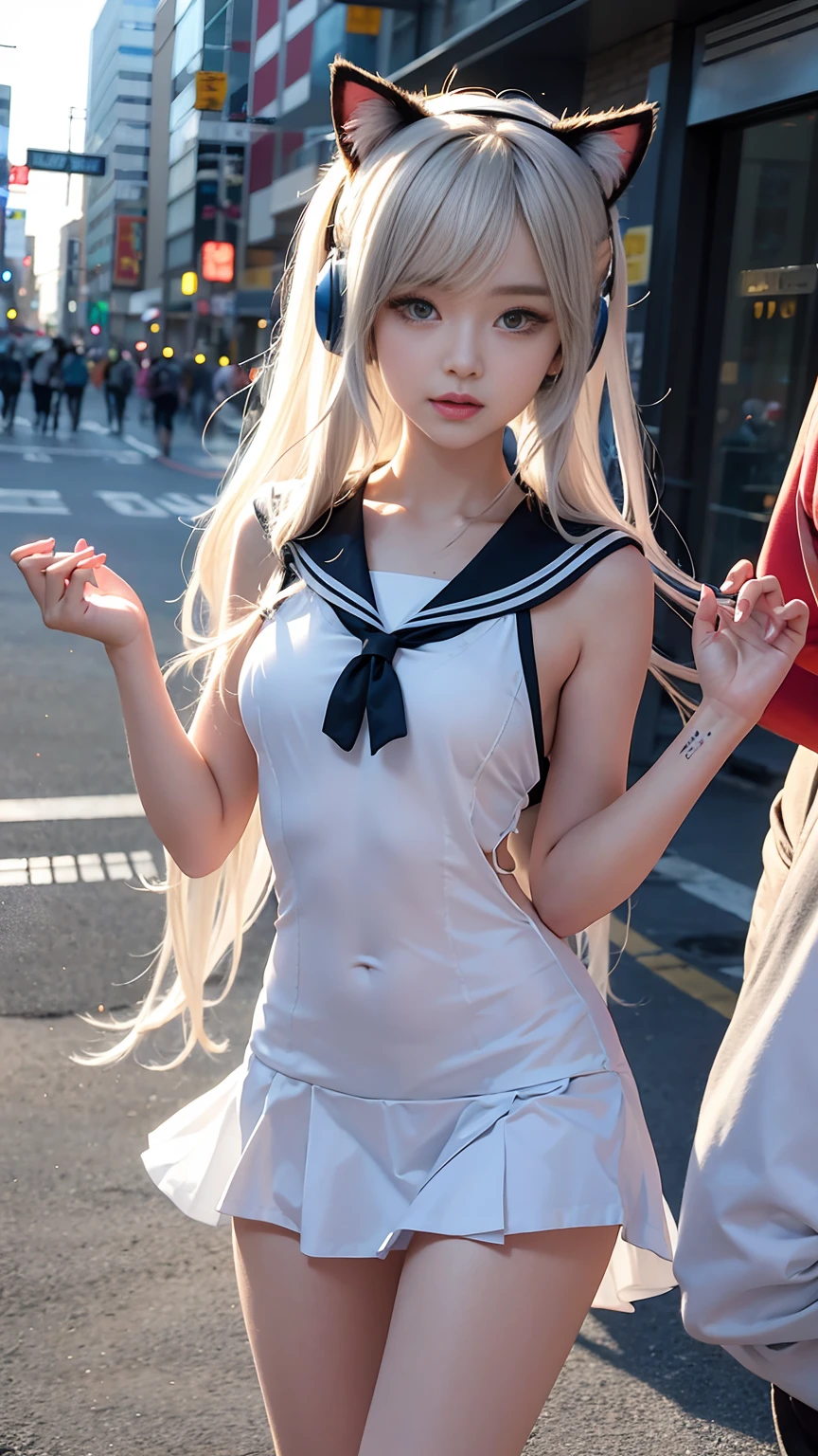Anime girl with headphones and cat ears holding flowers, small curvaceous , seductive anime girl, slender、detailed digital anime art, small breasts, Cute anime waifu in sailor uniform,  in a sailor suit, Shibuya Ward intersection、歩くdetailed anime artワーク, detailed anime art, Highly detailed official artwork, Kshatkrentz Key Art Female, [ 4K digital art ]!!