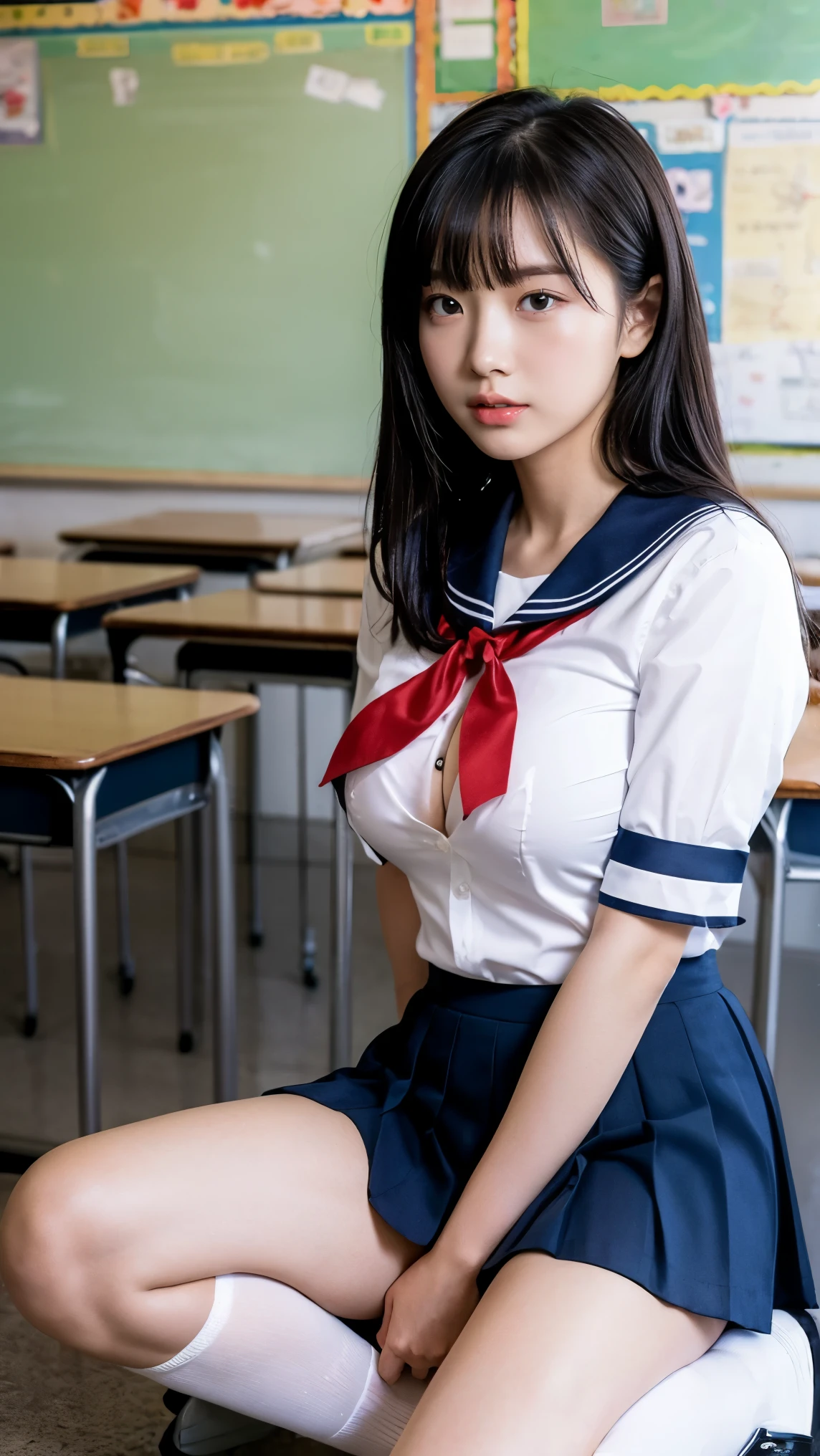 alone、high school girl、natural body shape、white skin、natural makeup、black hair、bangs、straight long hair、((high school uniform))(((Blouse with white collar、Red School Ribbon、navy pleated skirt、micro mini skirt)))、((big breasts))、、school classroom、(Looking at the camera facing the front)、full body photo、portrait from head to toe、exposing thighs、dark blue socks、black loafers
