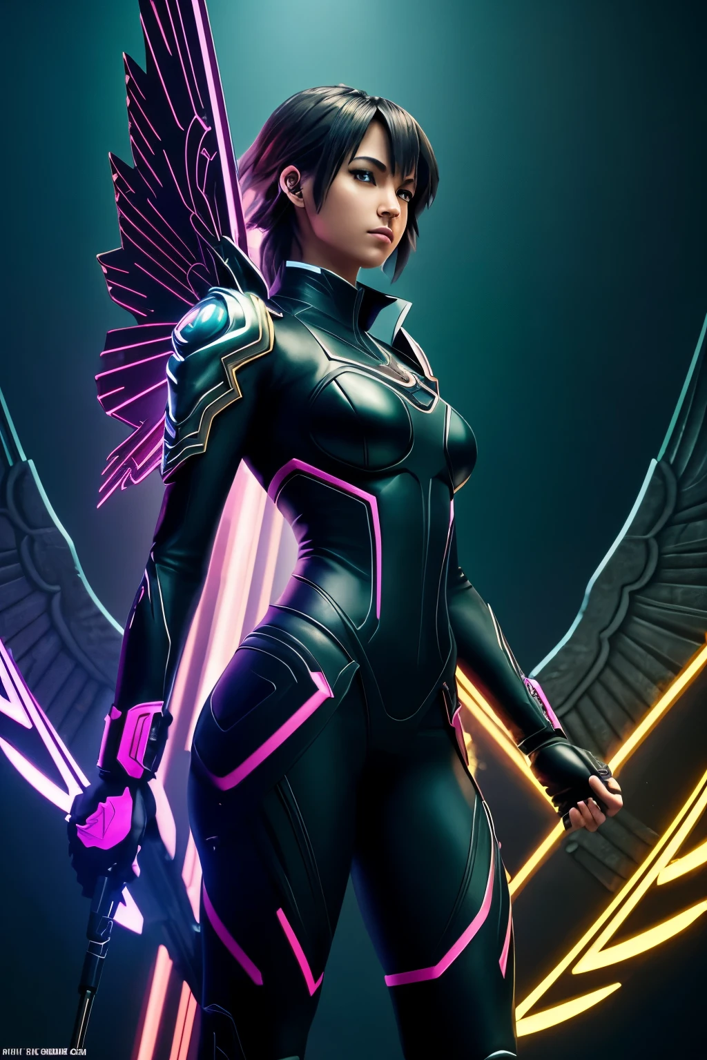 Full body portrait of a cyberpunk Valkyrie girl, angular features, magnificent wings of ethereal feathers and dark tech, filled with a sultry and excited expression, impeccably symmetrical, perfect composition, intricately detailed in black leather accents, pink and yellow ring lighting illuminating her form, capturing the essence of an underwater realm, inspired by the artistic visions of Makoto Shinkai and H.R.Giger, vibrant colors of complementary hues adorning every curve and line, rendered with heavy strokes, captured through the lens of a telephoto, showcasing volumetric lighting that brings depth and dimension, hyperrealistic in every detail,