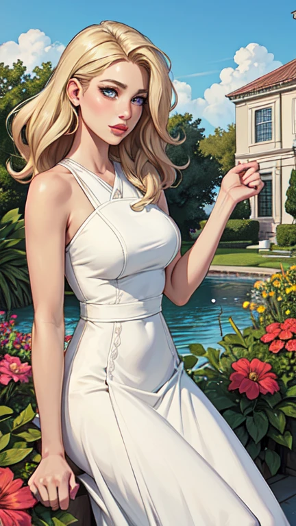 masterpiece,extremely beautiful woman,highly detailed beautiful face,big eyelahes,minimum waist,midi soft dress, straight blonde hair,excellent sense,American Comics,(((The Perfect One Woman))),(((one person))),colorful,highly detailed body,florish garden in the background 