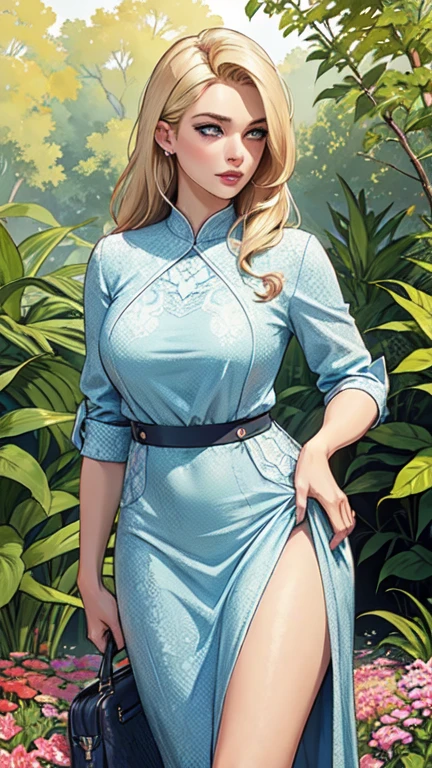 masterpiece,extremely beautiful woman,highly detailed beautiful face,big eyelahes,minimum waist,midi soft dress, straight blonde hair,excellent sense,American Comics,(((The Perfect One Woman))),(((one person))),colorful,highly detailed body,florish garden in the background 