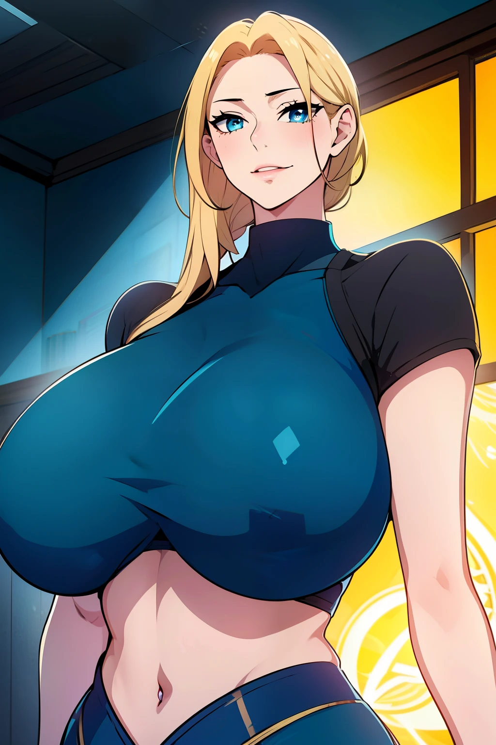 An anime-style artwork depicting ruan mei from the game Honkai star rail.

Tags: ruan mei, anime, detailed eyes, detailed lips, crop top, turtleneck, pencil skirt, smiling expression, intense gaze, glowing emblem on hand, dynamic pose, mystical background, vibrant colors, digital art, high-resolution, professional quality, gigantic breasts, (underboob : 1.4), curvy, cowboy shot, (gigantic breasts: 1.4), (blue eyes: 1.4), (blonde hair: 1.4)