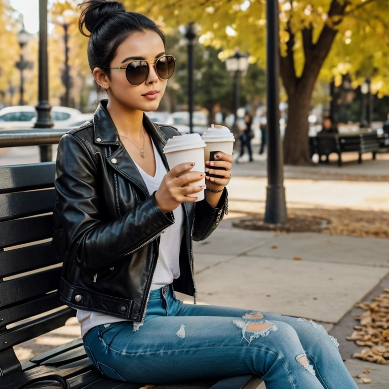 sexy girl in a leather jacket and torn jeans, black hair in a bun, sunglasses, very beautiful, sitting on a park bench and drinking coffee in a Starbucks paper cup, realism