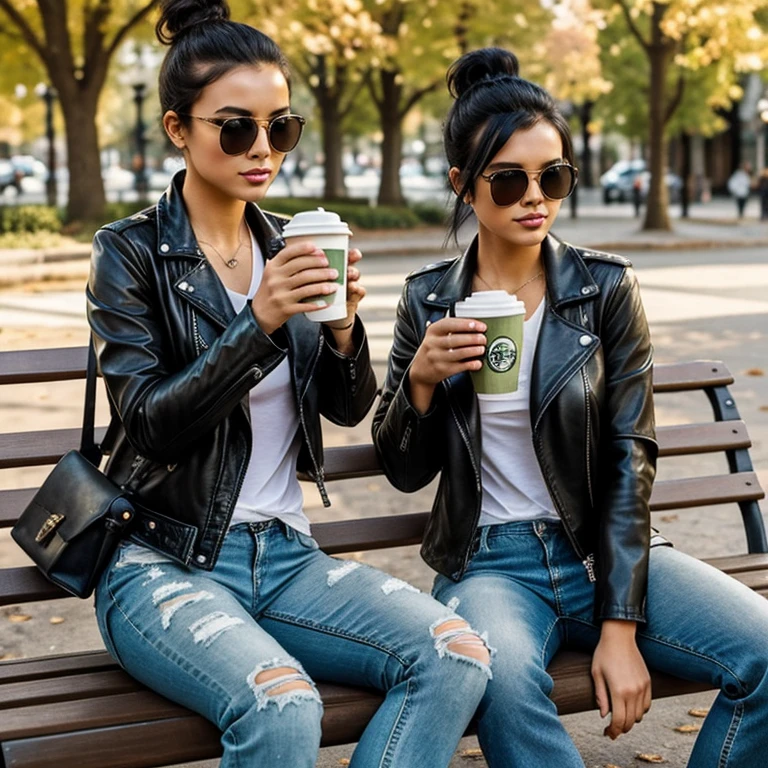 sexy girl in a leather jacket and torn jeans, black hair in a bun, sunglasses, very beautiful, sitting on a park bench and drinking coffee in a Starbucks paper cup, realism