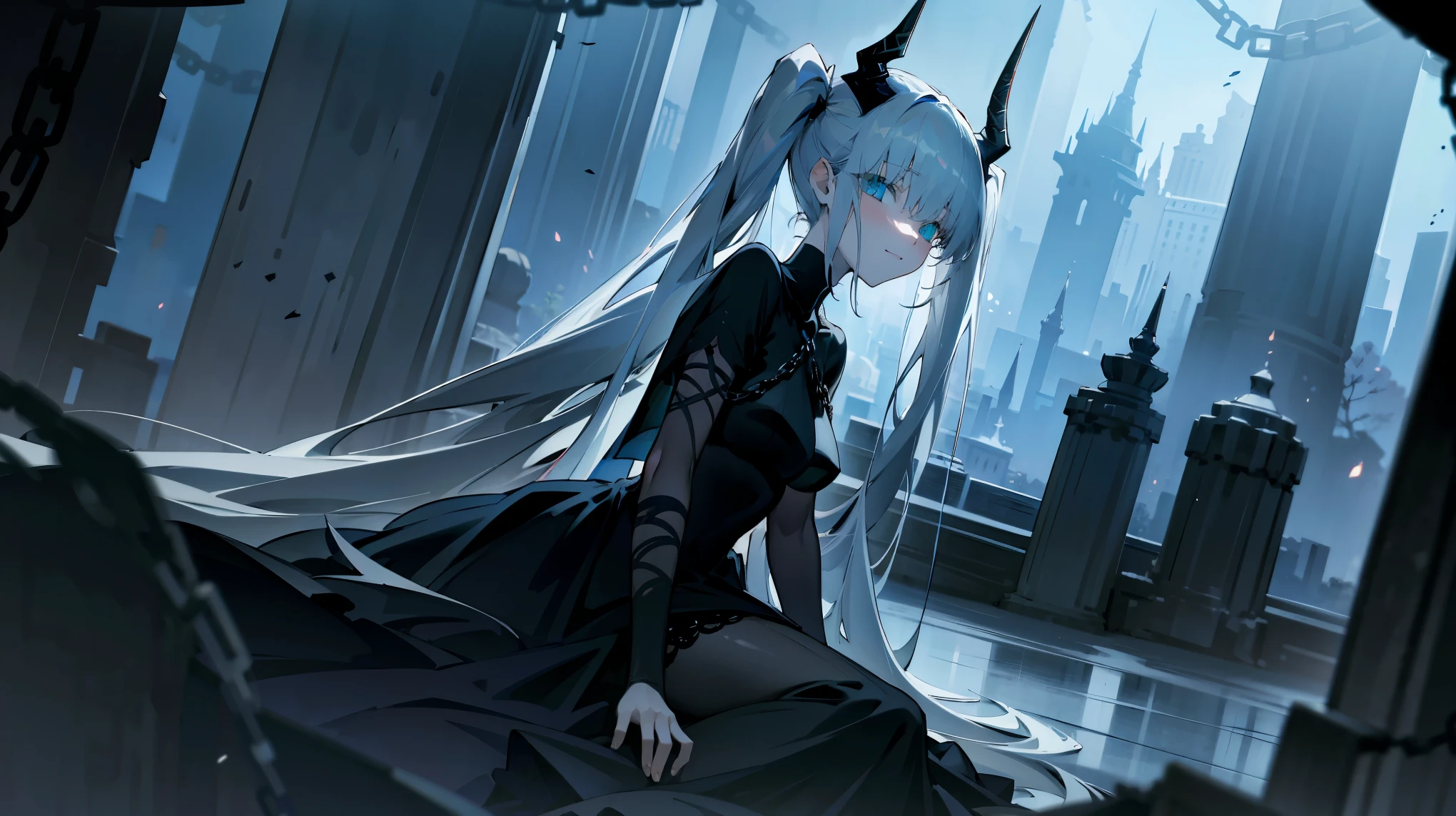 (best quality,highres,masterpiece:1.2),(flatten art:0.75), masterpiece, best quality, 1woman, Anime, darker environment, long twintail hair, black horn, straight white hair, black goth gown, enticing, night, dark, dark fantasy ruin hall, looking at viewer, solo, faint moonlight, sad smile, close-up, sitting, seducing the viewer, chains