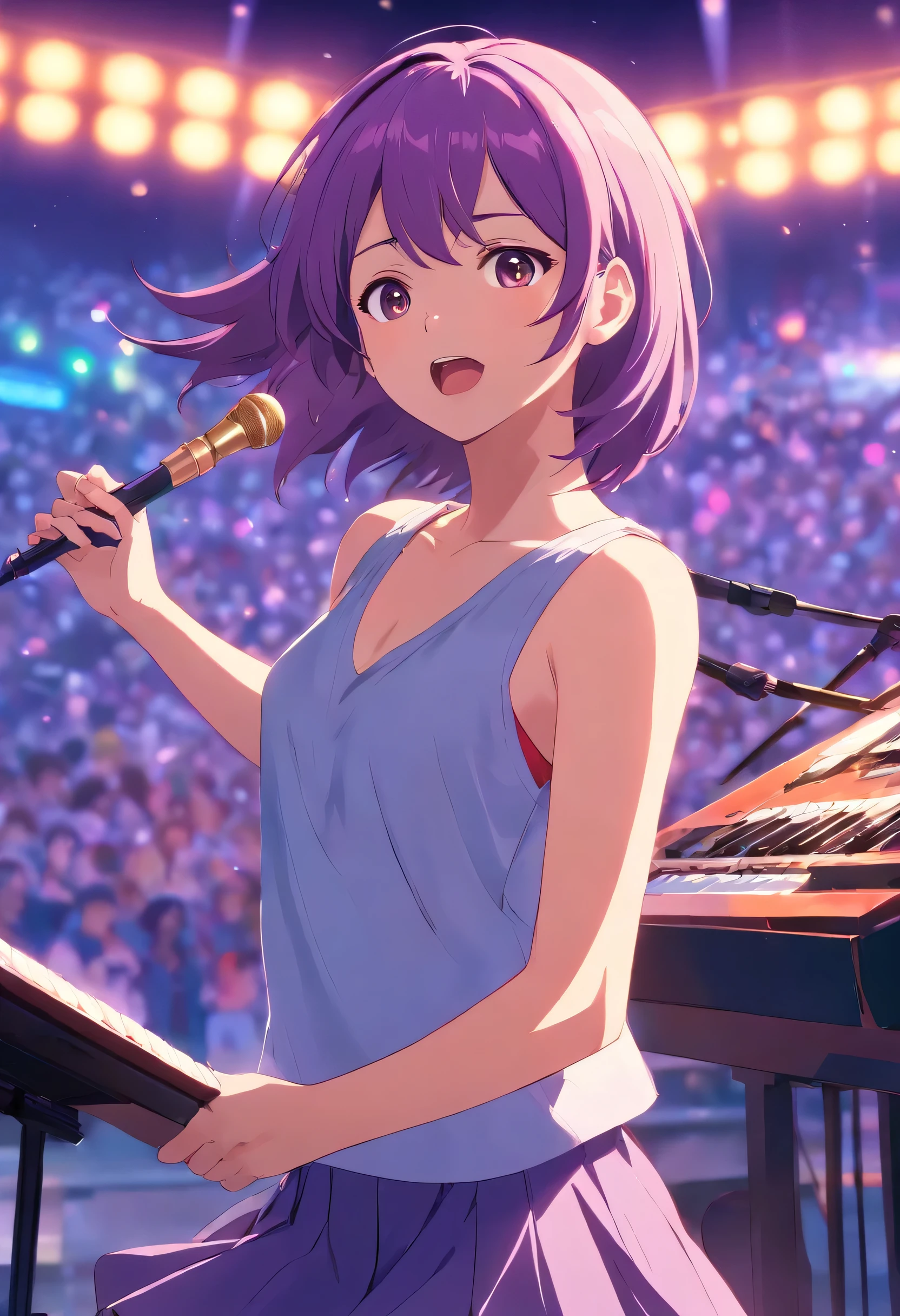 Chica de pelo morado cantando en un escenario