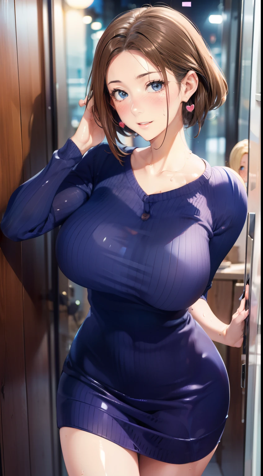 (be familiar with, masterpiece, highest quality, Complex),
cowboy shot, Kyoka Tachibana,
big breasts,
1 girl, alone, backyard、
cute eyes, beautiful face, perfect round butt,
fit and body, female pervert,
alone, pale skin,
blue eyes, ((beautiful mature woman)),
White vertical rib mini sweater dress、
enchanting smile, naughty face, Sweat, vapor, embarrassed, blush, Excited, ((spoken heart, Lines、gasp, Sound effect))
Best Sexual Poses, cover the crotch,
Snapshots in the city、Fashion magazine style、Street fashion magazine、Full body diagram、accessories