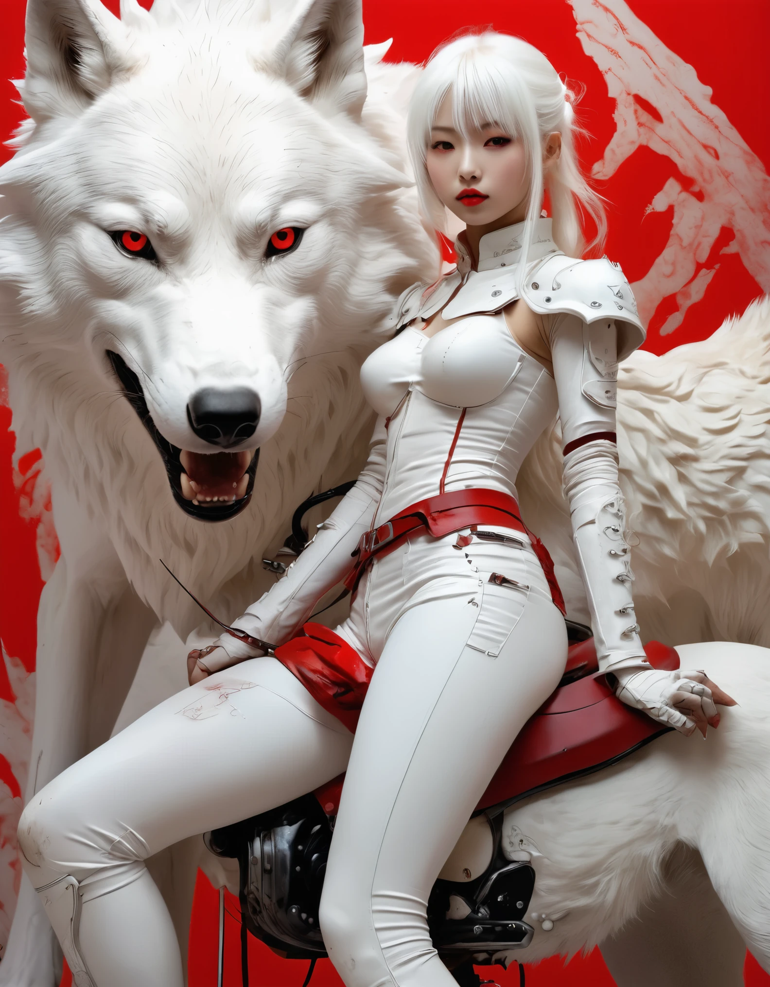style of Yoshitaka Amano ~ anime girl as a rider anime girl posing. standing next to giant fierce white wolf.surrealist. Shades of luminous white and red piercing shadow, reminiscent of Beuys and Qian Xuan.