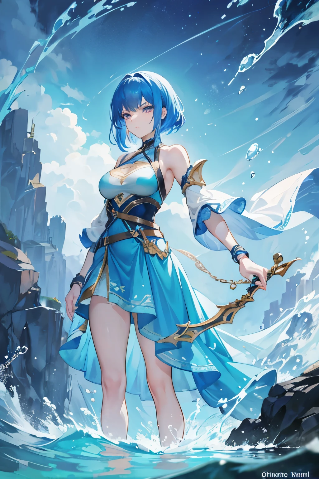 a tall, muscular girl, with blue hair, surrounded by water, with a fierce look, who wears a dress for female warriors. she looks older, more mature and very capable and strong.