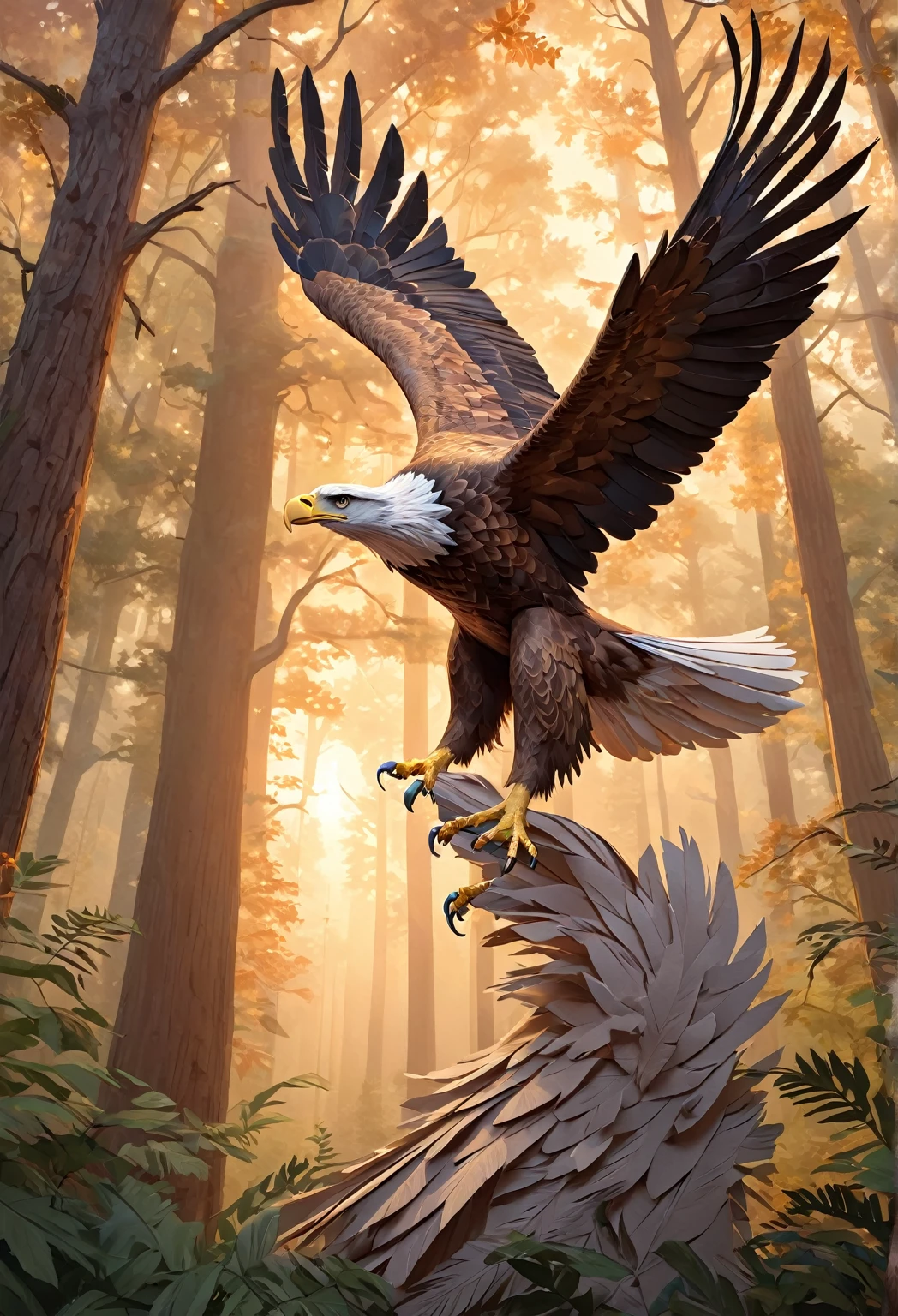 A majestic eagle, crafted from layers of paper textures, assumes the form of a sculptural statue, poised mid-flight, digital painting, showcasing attention to detail in each feather, shadows casting depth across the form, immersive background with soft-focus forest setting, oak trees surrounding the subject, ethereal light filtering through leaves, gradient sky from dawn twilight, highly detailed, ultra-realistic.