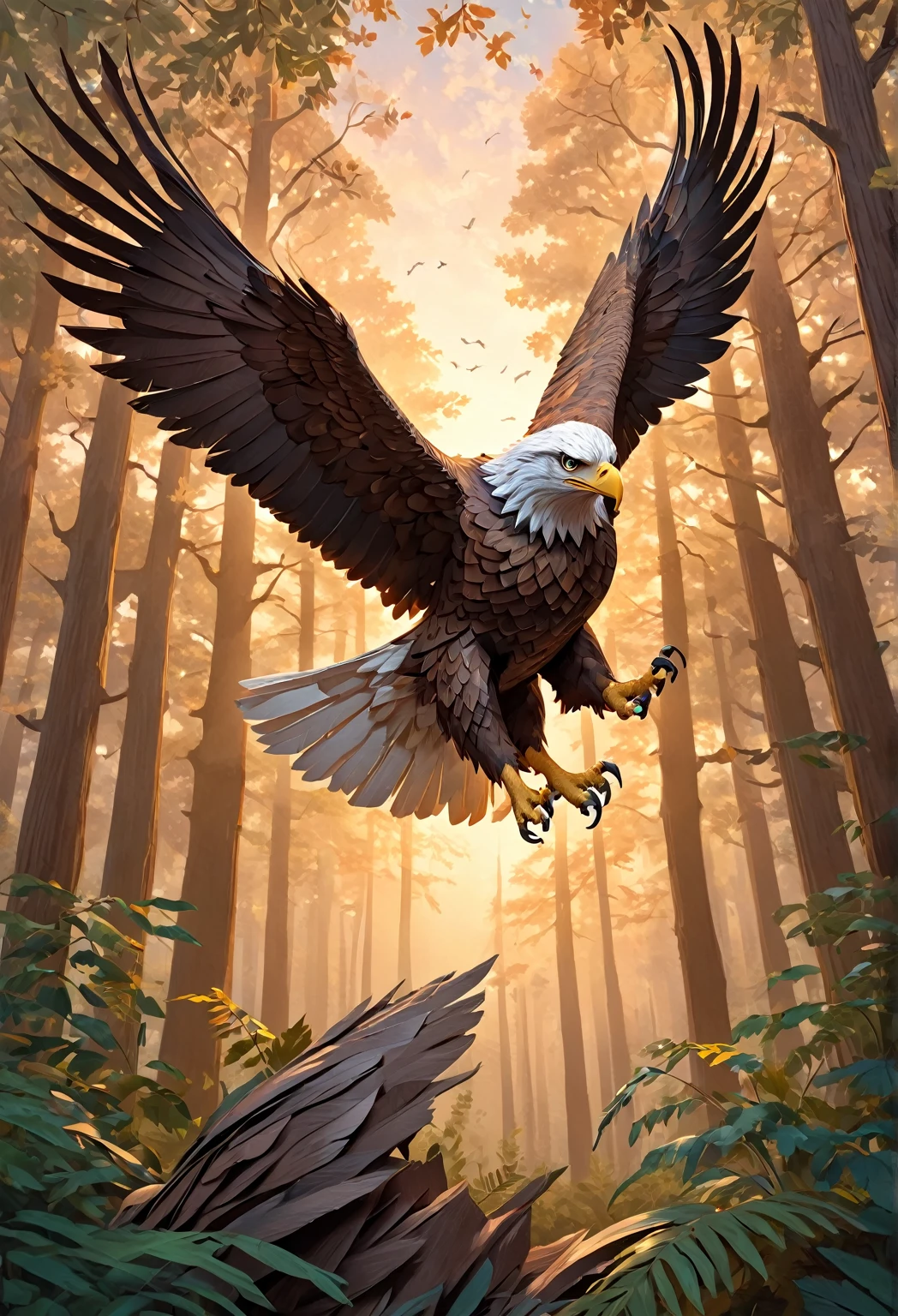 A majestic eagle, crafted from layers of paper textures, assumes the form of a sculptural statue, poised mid-flight, digital painting, showcasing attention to detail in each feather, shadows casting depth across the form, immersive background with soft-focus forest setting, oak trees surrounding the subject, ethereal light filtering through leaves, gradient sky from dawn twilight, highly detailed, ultra-realistic.
