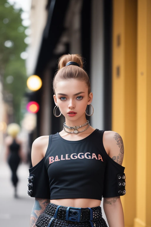 photo of 25 y. o cute Russian model girl in fachion clothes in (Balenciaga style:1.45) and constructivist style, (t-shirt in punk style:1.3), [intricate detail], harmony, (open shoulders:1.3), (high detail skin:1.3), designer, official prada editorial, illustrative!!, aztec street fashion, waist - shot, dior campaign, wearing a designer top, lv, 8k uhd, dslr, soft lighting, high quality, film grain, Fujifilm XT