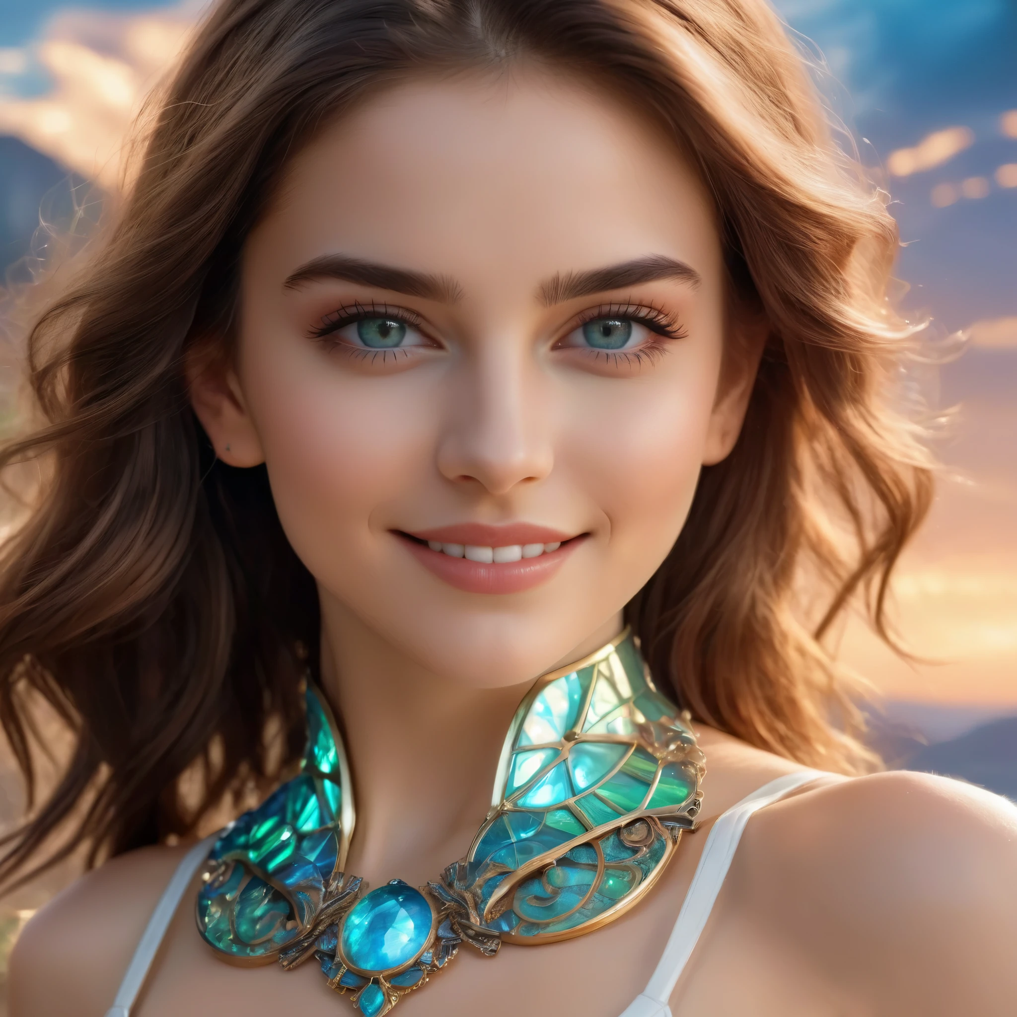 (best quality,4k,8k,highres,masterpiece:1.2),ultra-detailed,(realistic,photorealistic,photo-realistic:1.37),Official art, (1 beautiful age Italian girl:1.1), (wearing detailed white bodyarmor with beautiful fractal or marble design:1.3), (seductive smile:1.1), (captivating smile1.2), ((High quality)), ((Detailed)), ((Fantasy)), Blue Plasma Brain, Green Plasma Body, Vulgarity, beutiful breast, obscenity, (Lewd smile:1.2), coarse, Obscene, mean, (raunchy:1.2), (Immoral:1.2), Lachish, (small breasts with beautiful raised areolas:1.3), (Cameltoe), (Expression of ecstasy:1.2), (Incredibly beautiful nature background:1.6), (18 years old:1.5), (Sexy and glamorous:1.1), (A coquettish expression:1.1), (seductively smiling:1.1), (Full body), (erotic posing:1.5), (showing her armpit:1.4), Beautiful seductive face, Portrait, (Thick eyebrows:0.7), (detailed large iridescent eyes:1.4), Beautiful eyes with fine symmetry, Intimate face, (ultra detailed skin texture:1.1), pale skin, Perfect Anatomy, (Beautiful toned body:1.1), Hair Bow, (Moist skin:1.2), no makeup, dark circles, Focus Face, good-looking, (Emilia Clark:0.6) (Emma watson:0.3),(Jennifer Connelly:0.4), (sensual face:1.3), Elegant face, Dolce, (Around her neck is a simple necklace of exquisite workmanship), (Bioluminescence with brilliant brilliance:1.3), (Luminous magic circle:1.2), Shining majestic cloud masses and sky, lightning bolt, Epic Realistic, (Greg Rutkowski:0.2), (teal and orange:0.4), (Art Station:1.5), Cinematic, (nfsw:1.3), Hyper Detailed, natural Lighting, (Intricate details:1.1),