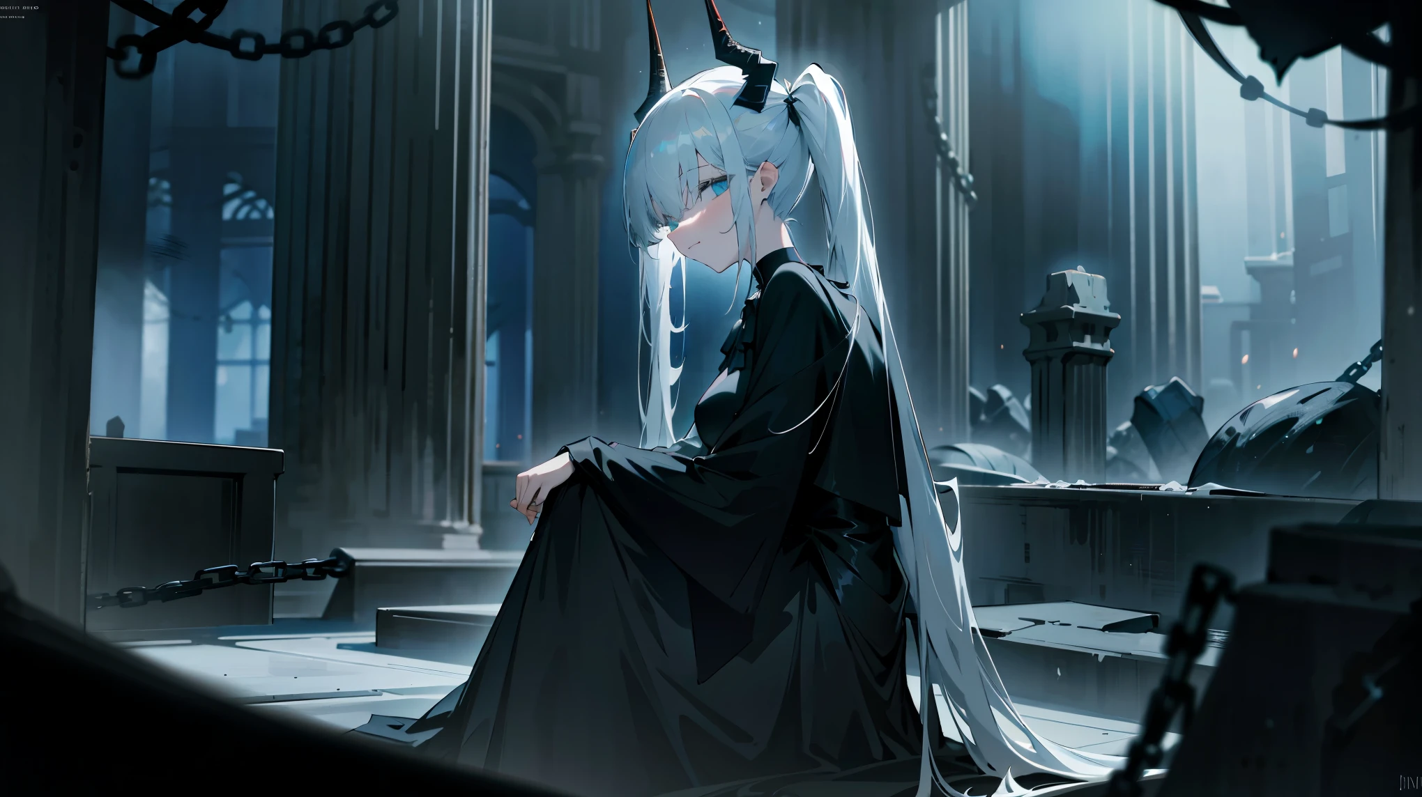 (best quality,highres,masterpiece:1.2),(flatten art:0.75), masterpiece, best quality, 1woman, Anime, darker environment, long twintail hair, black horn, straight white hair, black goth gown, enticing, night, dark, dark fantasy ruin hall, looking at viewer, solo, faint moonlight, sad smile, close-up, sitting, seducing the viewer, chains