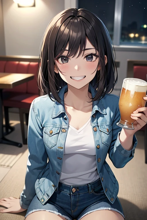 Masterpiece, High resolution, High-definition CG Unity 8K,Beautiful and detailed face, detailed hair texture, beautiful face,1 girl,(black eyes),small breasts, (very short messy brown hair), (sitting on the floor of the room late at night),grinning eyes,grin,anguish,break,(aroused),(grinning eyes),(grin),(anguish),(at the pub table), (having alcohol),(POV),(Denim Jacket),black shorts