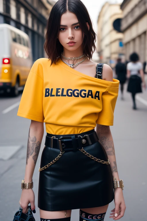 photo of 25 y. o cute Russian model girl in fachion clothes in (Balenciaga style:1.45) and constructivist style, (t-shirt in punk style:1.3), [intricate detail], harmony, (open shoulders:1.3), (high detail skin:1.3), designer, official prada editorial, illustrative!!, aztec street fashion, waist - shot, dior campaign, wearing a designer top, lv, 8k uhd, dslr, soft lighting, high quality, film grain, Fujifilm XT
