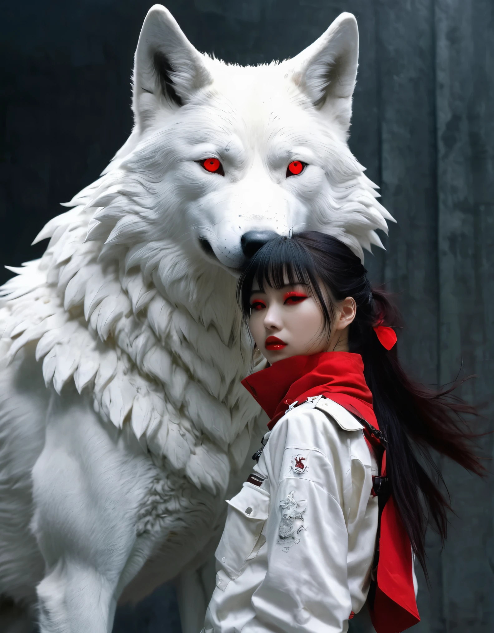 style of Yoshitaka Amano ~ anime girl as a rider anime girl posing. standing next to giant fierce white wolf.surrealist. Shades of luminous white and red piercing shadow, reminiscent of Beuys and Qian Xuan.