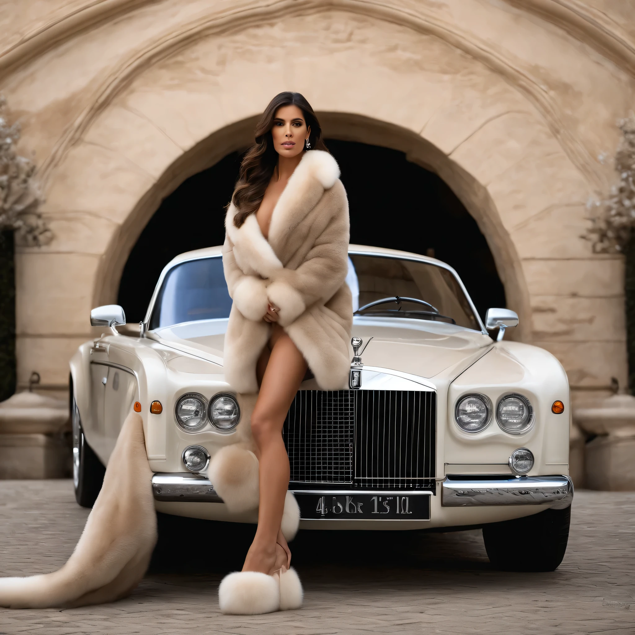 
A very wide and very thick, very long sand mink fur coat, fifty centimeters thick, duveteux, naturel, with an ultra thick white and sand mink fur collar, three layers, sur Kim Kardashian, fully nude front view, bare shoulders, and two large breast discovered by the fur, inside a Rolls Royce, en haute résolution de la plus high quality、,Photo 8K HDR), Realistic texture, realistic shadows 