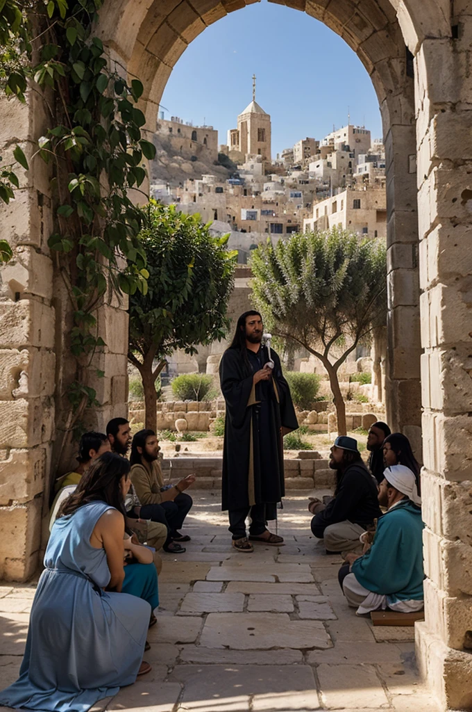 Create an image of Yeshua speaking to the disciples at 9 am, under a fig tree, In the background is the city of Jerusalem at the time of the 1st century with Herod's temple in the middle of the city.