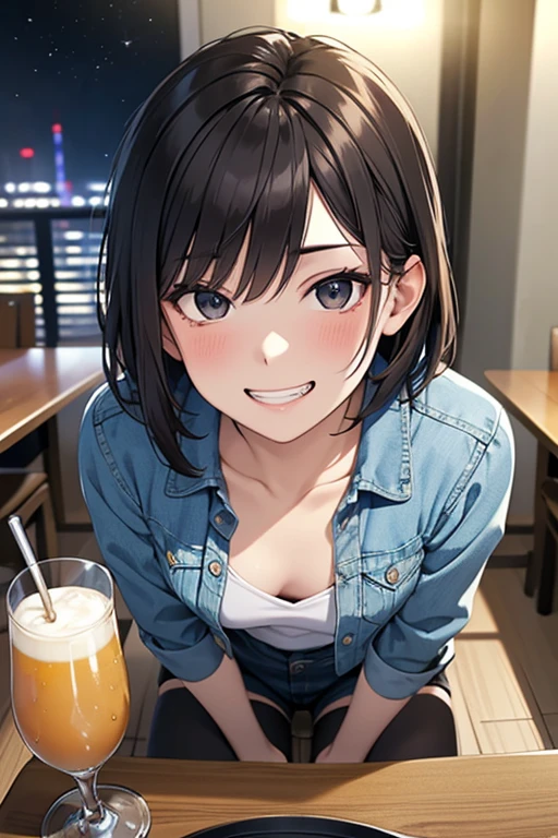 Masterpiece, High resolution, High-definition CG Unity 8K,Beautiful and detailed face, detailed hair texture, beautiful face,1 girl,(black eyes),small breasts, (very short messy brown hair), (sitting on the floor of the room late at night),grinning eyes,grin,anguish,break,(aroused),(grinning eyes),(grin),(anguish),(at the pub table), (having alcohol),(POV),(Denim Jacket),black shorts
