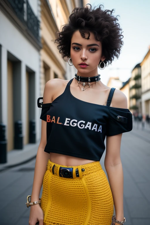 photo of 25 y. o cute Russian model girl in fachion clothes in (Balenciaga style:1.45) and constructivist style, (t-shirt in punk style:1.3), [intricate detail], harmony, (open shoulders:1.3), (high detail skin:1.3), designer, official prada editorial, illustrative!!, aztec street fashion, waist - shot, dior campaign, wearing a designer top, lv, 8k uhd, dslr, soft lighting, high quality, film grain, Fujifilm XT