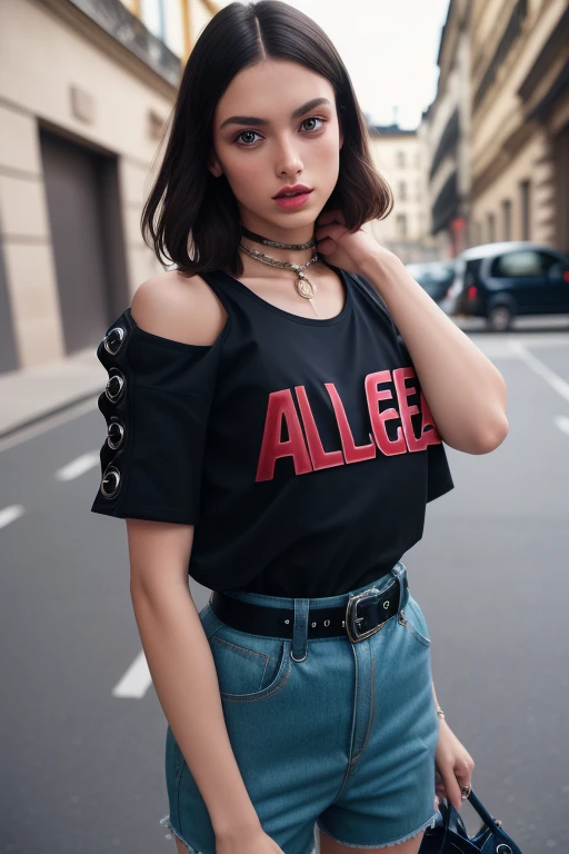photo of 25 y. o cute Russian model girl in fachion clothes in (Balenciaga style:1.45) and constructivist style, (t-shirt in punk style:1.3), [intricate detail], harmony, (open shoulders:1.3), (high detail skin:1.3), designer, official prada editorial, illustrative!!, aztec street fashion, waist - shot, dior campaign, wearing a designer top, lv, 8k uhd, dslr, soft lighting, high quality, film grain, Fujifilm XT