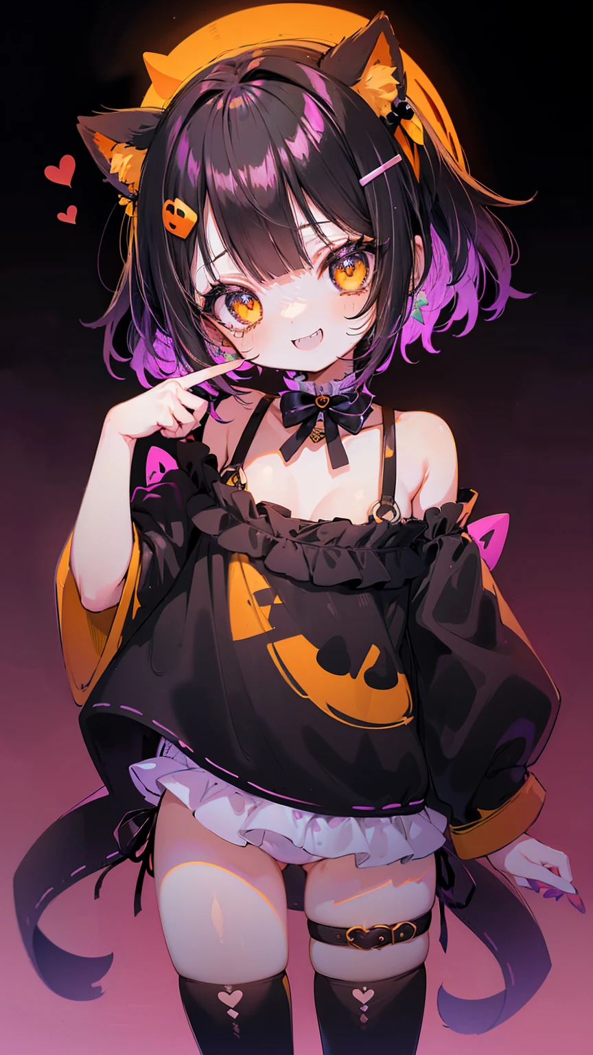 halloween theme, "kawaii, Cute orenge bunny girl in cute smile with teeth and holdinga halloween candy, poser, Adorable girl in orenge, neon orenge black, and baby lime color scheme. She wears halloween-themed clothing. Her outfit is fluffy and soft, With decora accessories like hair clips. She embodies a vibrant and trendy Harajuku fashion style."