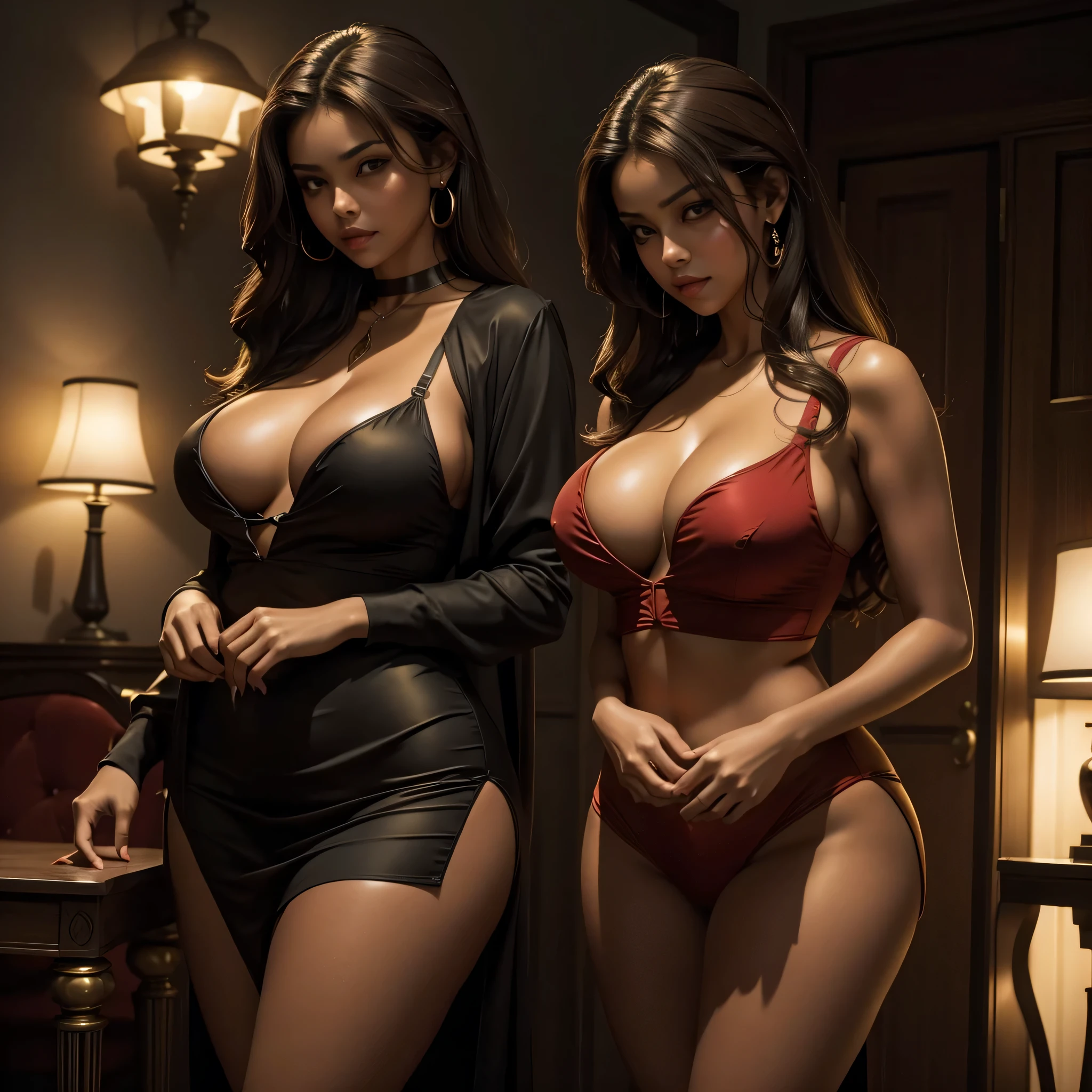 A sensual Brazilian vampire woman, with a golden-brown mid-toned skin, shows off her voluptuous figure with a curvaceous hourglass shape. Her ample D-Cup breasts are accentuated by the tightly fitting red decollete top she wears, while her enormous backside is highlighted by a short, curvy red miniskirt. Elegant and alluring, she exudes an air of mystery and seduction as she poses in a dimly lit room during the dead of night, the Dutch angle enhancing the depth and intrigue of the scene.