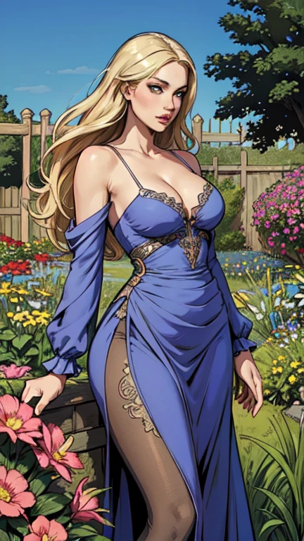masterpiece,extremely beautiful woman,highly detailed beautiful face,big eyelahes,minimum waist,maxi fence dress, tights,straight blonde hair,excellent sense,American Comics,(((The Perfect One Woman))),(((one person))),colorful,highly detailed body,florish garden in the background