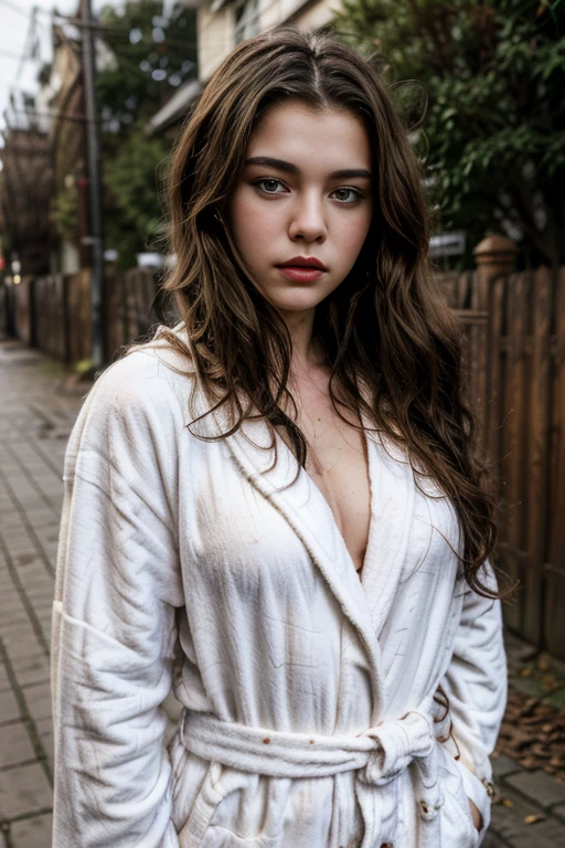 brunette woman with wavy hair, 21 years old, red lips, small mouth closed, medium , beautiful eyes, realistic photo, dirty photo, in street, (bathrobe), full body