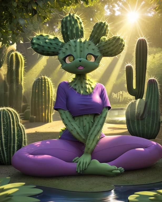 [Pokemon; herbal], [uploaded to DeviantArt. com; (Maractus), (Pixelsketcher), (mayosplash], ((masterpiece)), ((solo portrait)), ((whole body)), ((fluffy; anthro cactus girl)), ((detailed stem)), ((ray tracing)), ((detailed shading)), ((beautiful rendering)), {(anthro Pokemon; herbal); (earthly, white, and blue stem, Красный ear fluff), bright Красный eyes, purple T-shirt, Big , tight orange yoga pants, bare feet}, (costs; Looking ahead, attractive pose), [background; Daytime, trees, sun rays through the leaves, pond, sand]
