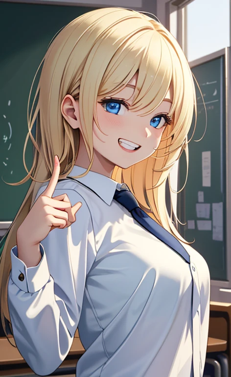 (realistic:1.4、masterpiece、top-quality、8k size wallpaper、offcial art)、(portrait,upper body:1.6)、(1girl),(grin,Open mouth:1.3),(half closed eyes),cute face,blue eyes、(stretch your index finger in front of your face:1.5)、beautiful fingers:1.3、
,(stand,leaning forward),(Shining smile),(round face:1.3),
,(slender),(school uniform),(long fluorescence blonde hair1.3), (small breasts)、
、fluorescence、classroom,JK、