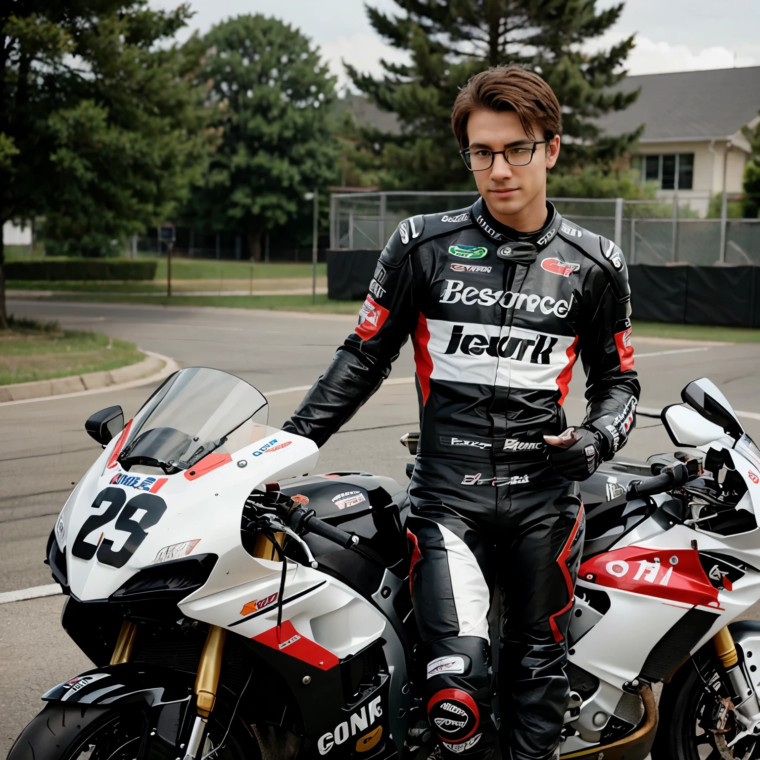 Cute motorcycle racer with glasses 