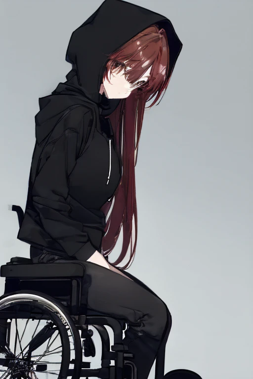 (1girl), young girl, masterpiece, high quality, red hair, bangs, ((brown eyes)), (ponytail), (long hair), (straight hair), ((large scar across the left eye)), ((sitting in a wheelchair)), ((a wheelchair)), (in a cemetery), dark, ((raining)), wearing a black hooded long-sleeved cloak, ((detail face)), (very detail face)), (closed off emotions), (neatly gathered legs), (two legs), ((Tsundere)), ((cold Personality)), ((tough Personality)), ((wearing a black hood over her head)), ((long black pant legs)), ((turtle neck collar))