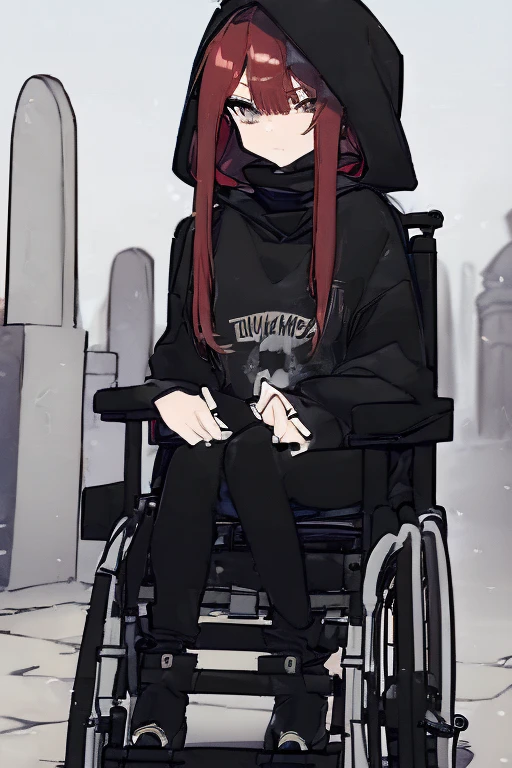 (1girl), young girl, masterpiece, high quality, red hair, bangs, ((brown eyes)), (ponytail), (long hair), (straight hair), ((large scar across the left eye)), ((sitting in a wheelchair)), ((a wheelchair)), (in a cemetery), dark, ((raining)), wearing a black hooded long-sleeved cloak, ((detail face)), (very detail face)), (closed off emotions), (neatly gathered legs), (two legs), ((Tsundere)), ((cold Personality)), ((tough Personality)), ((wearing a black hood over her head)), ((long black pant legs)), ((turtle neck collar))