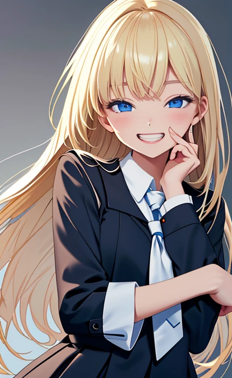 (realistic:1.4、masterpiece、top-quality、8k size wallpaper、offcial art)、(portrait,upper body:1.6)、(1girl),(grin,Open mouth:1.3),(half closed eyes),cute face,blue eyes、(stretch your index finger in front of your face:1.5)、beautiful fingers:1.3、
,(stand,leaning forward),(Shining smile),(round face:1.3),
,(slender),(school uniform),(long fluorescence blonde hair1.3), (small breasts)、
、fluorescence、classroom,JK、