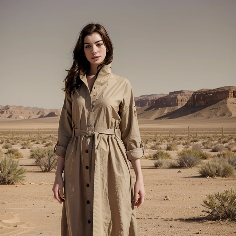 Anne Hathaway in a desert climate dressed in desert clothing