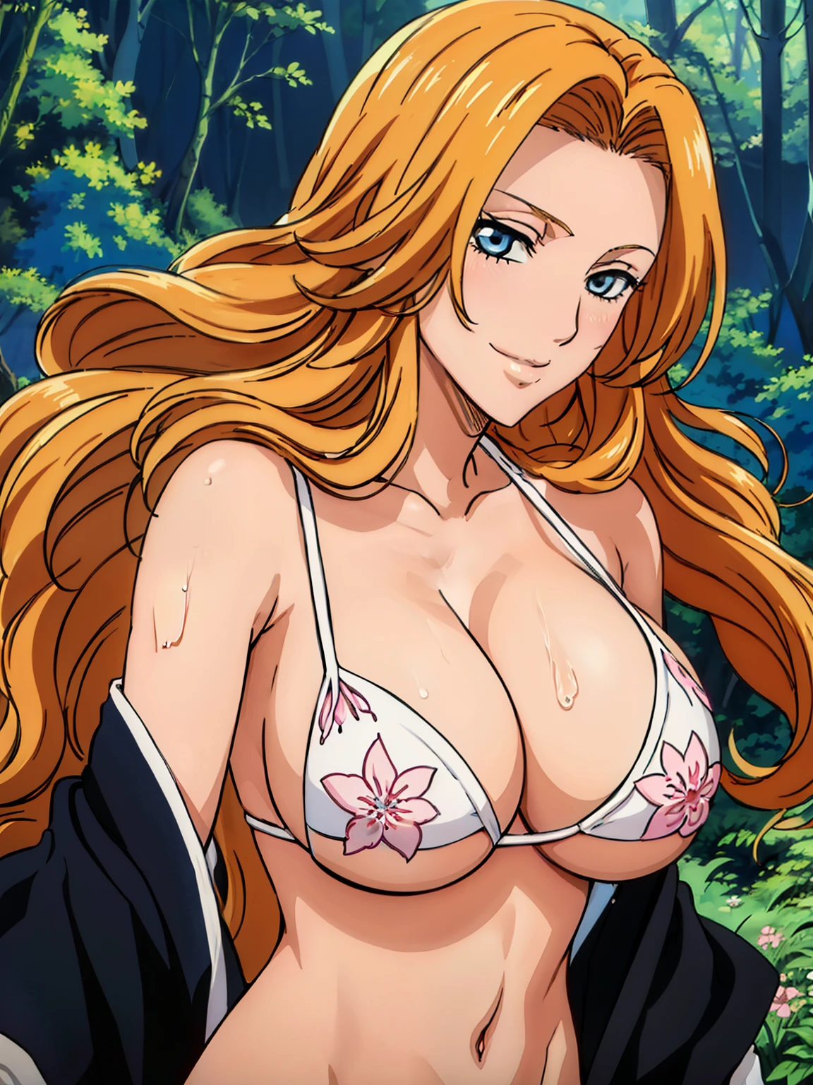 very tempting pose, standing, flower pattern bikini, (forest background), matsumoto rangiku, takeda hiromitsu style, anime cels style, best quality, high resolution, (huge breasts:1.3), cowboy shot, (potrait body), blush, smiling, blue eyes, Blonde hair, bangs,Long_hair, 1 girl, looking at viewer, beautiful face, Beautiful Finger, Beautiful long legs, Beautiful body, Beautiful Nose,Beautiful character design