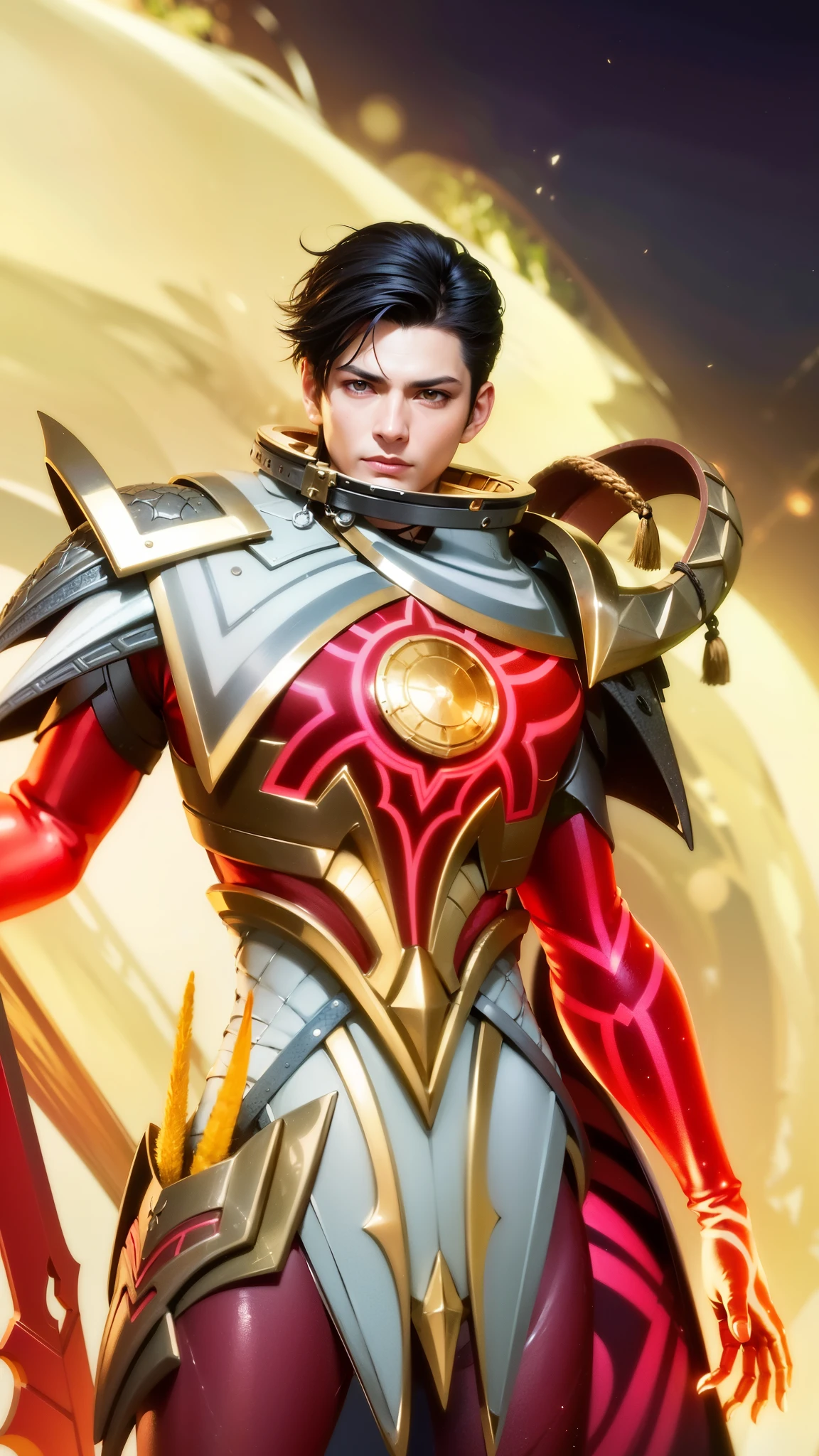 a close up of a person in a costume holding a sword, draconic looking armor, masculine male, masterpiece, ((perfect eyes)) best quality, (semirealism:1.9), beautiful lighting, (extremely detailed CG unity 4k fhd wallpaper), High Detail, Sharp focus, dramatic outdoors, 1 boy ,19 years old, black short hair, yellow eyes.