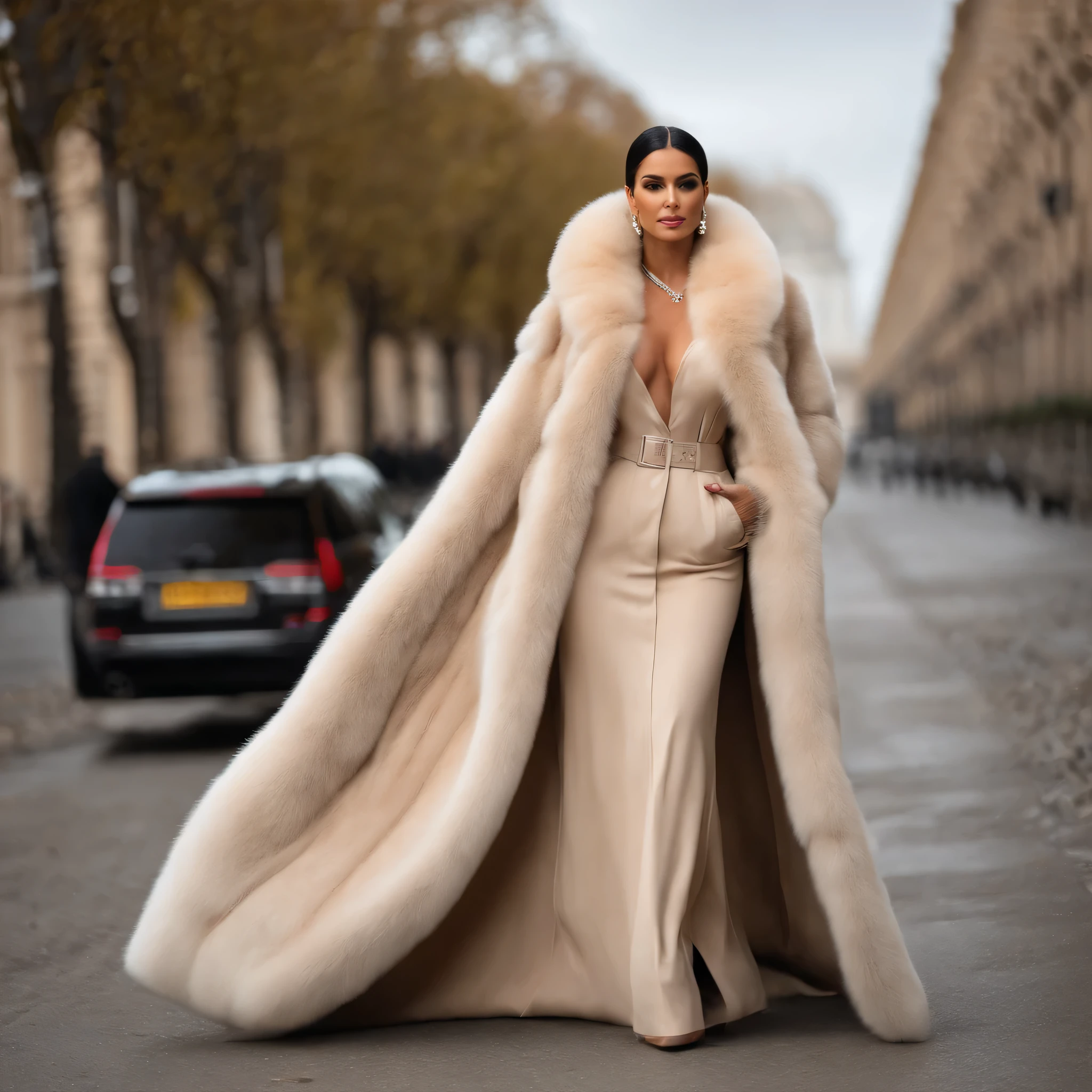 A very wide and very thick, very long sand mink fur coat, fifty centimeters thick, duveteux, naturel, with an ultra thick white and sand mink fur collar, three layers, sur Kim Kardashian, fully nude front view, bare shoulders, and two large breast discovered by the fur, at sunny  , en haute résolution de la plus high quality、,Photo 8K HDR), Realistic texture, realistic shadows,