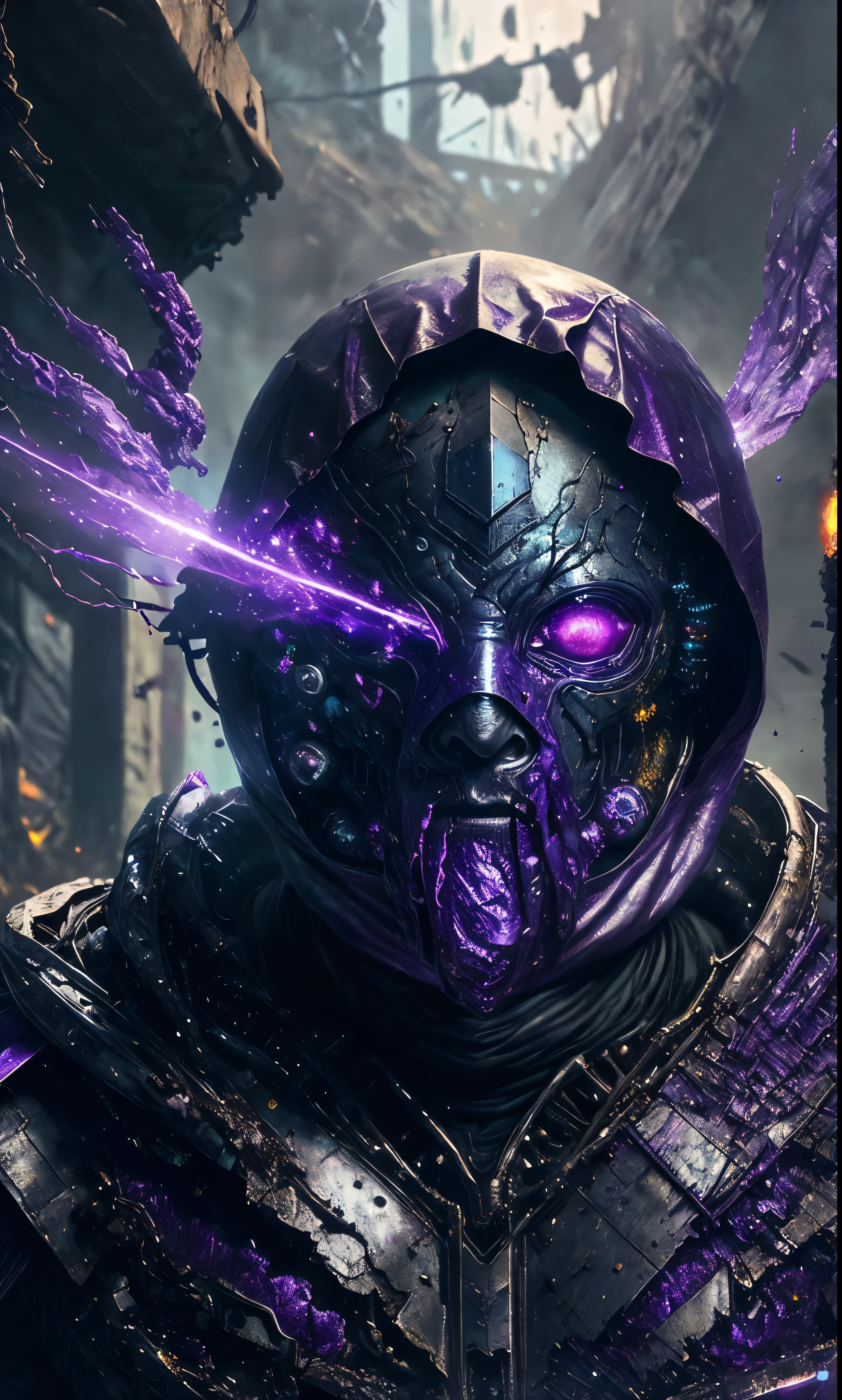 breathtaking cinematic science fiction photo of a portrait of a non human masked Grim wrapped in purple chrome metal skin, body full glowing metrics inside, glowing multicoloured eyes, multifaceted eyes, metallic arms, inside a destroyed building, extremely menacing creature, highly detailed, award-winning