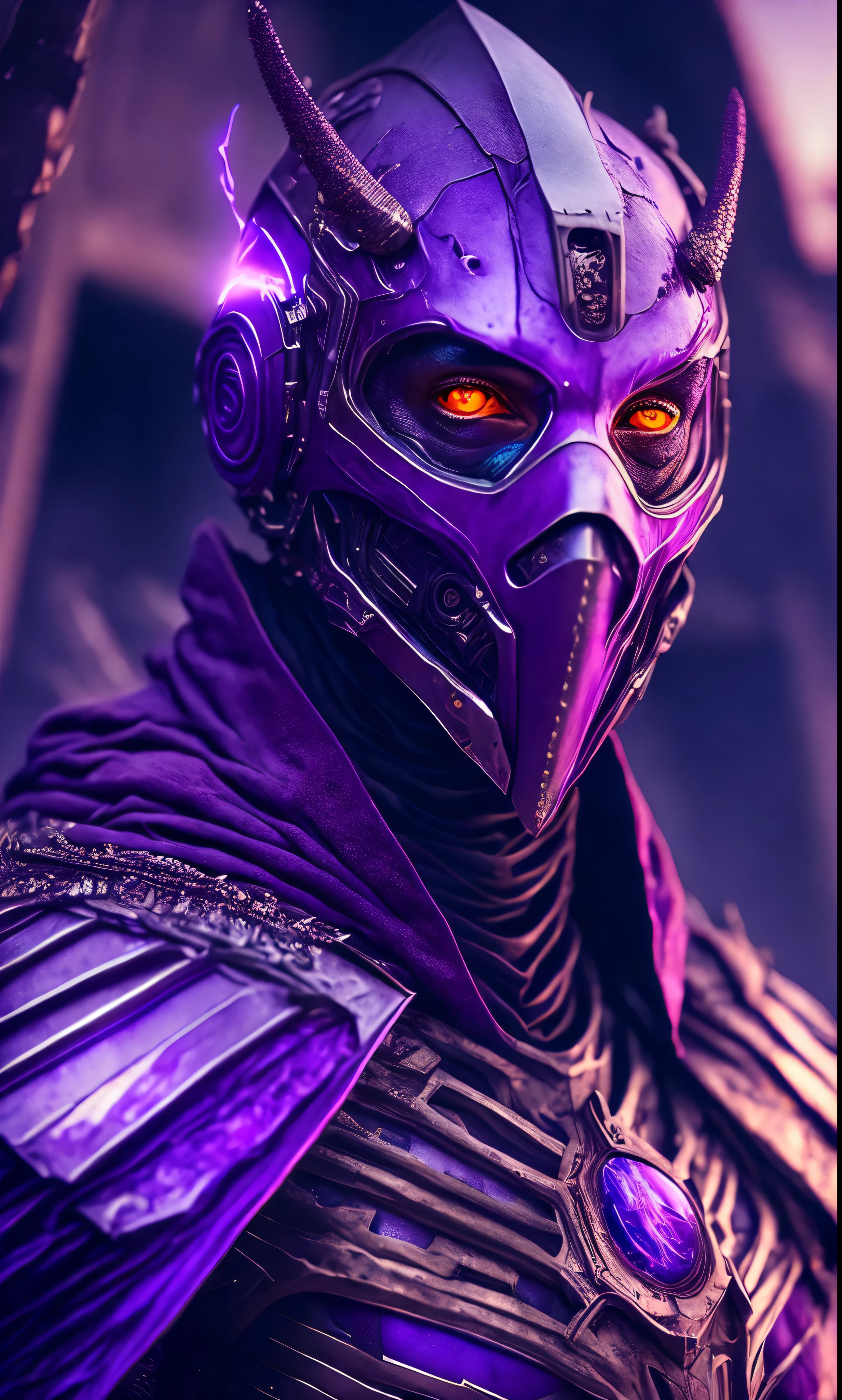 breathtaking cinematic science fiction photo of a portrait of a non human masked Grim wrapped in purple chrome metal skin, body full glowing metrics inside, glowing multicoloured eyes, multifaceted eyes, metallic arms, inside a destroyed building, extremely menacing creature, highly detailed, award-winning