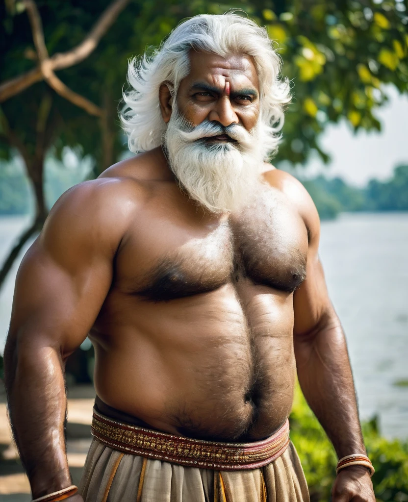 extremely detailed, detailed face, detailed eyes, detailed big muscles detailed fat , (view naked.realistic full body), ((1man)), (object (big belly indian older big bulge testicles balls bear hairy body thick legs rugged hairy naked standing with face up alpha stern expression inside indian temple )), wearing traditonal indian clothing (big thick, hefty build, big muscle, facial hair, white moustache, , alpha strong man face thick hair, white hair, strong character, strong muscle), (background (sunny , indian river)), (photography (50mm lens, cinematic, cinematic color)