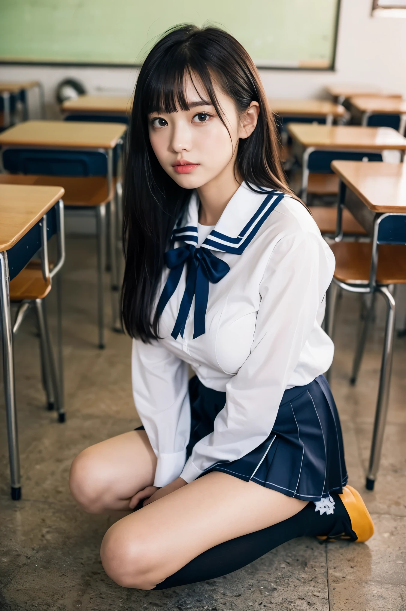 alone、high school girl、natural body shape、white skin、natural makeup、black hair、bangs、straight long hair、((high school uniform))(((White blouse、Red School Ribbon、navy pleated skirt、micro mini skirt)))、(((big breasts)))、、school classroom、(Looking at the camera facing the front)、full body photo、portrait from head to toe、exposing thighs、dark blue socks、black loafers
