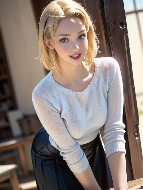 (best quality, 8k, highres, photorealistic:2.0), (solo, one girl:2.0),(photo taken using flash:1.9),(brighten up women:1.8),(ultimate beautiful girl:2.0),(shiny skin),(oily skin),(blonde hair:1.7),(short hairstyle:1.5),(cool beauty:2.0),Blush brown makeup , dark eye makeup , use pink glossy lipstick,(big beady eyes girl:1.5),(droopy-eyes girl:1.5),(blue eyes:1.5),(thin girl:1.5),(baby face girl:1.5),(sex appeal),(sweet smelling girl),(she works for low wages:1.5),(kind-hearted woman:1.5),(she has a nice smile:1.3),(woman with a happy look:1.3),(she is very sociable),(from a very poor family:1.5),(virgin girl),(She is a secret pervert.),(she covertly lewd),(she looks so erotic),(Preserve virginity for devout Christians),chuuChloe,(A woman with very soft breasts),(woman fantasizing about sex:1.3),(allurement),(impressive eyes:1.5),(clean girl),(affability),(cute smile),(good personality),(long skirt),(sexy position),(serious personality),(knitted sweater)