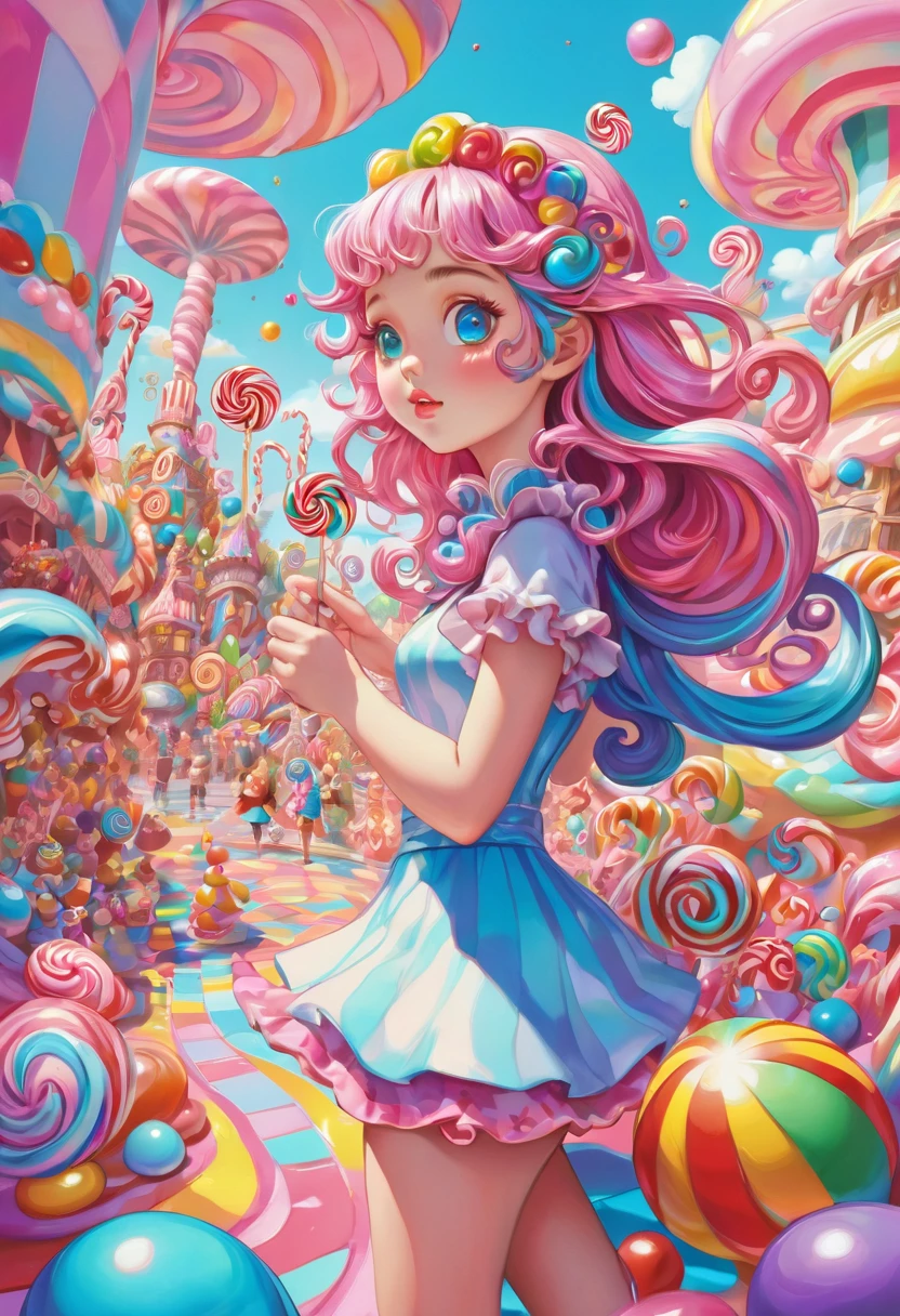 1girl, Candyland, aesthetic, vibrant colors Candyland wonderland gouache swirls detailed Candy art style! Whimsical playful colorful! candy!!! 🍬🍭 Candyland art!! “Hyperrealistic hyperdetailed highly detailed, digital illustration” postmodernism, artstation, poster art, dynamic lighting, cel-shaded, ray tracing reflections