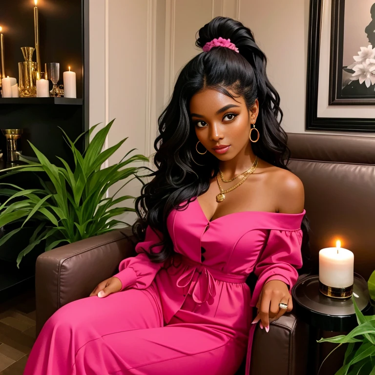 Long wavy luxurious black hair in ponytail, black woman, medium brown skin tone, living room, luxury furniture, candles,  plants and flowers in big pots, pink lounge outfit. Decor