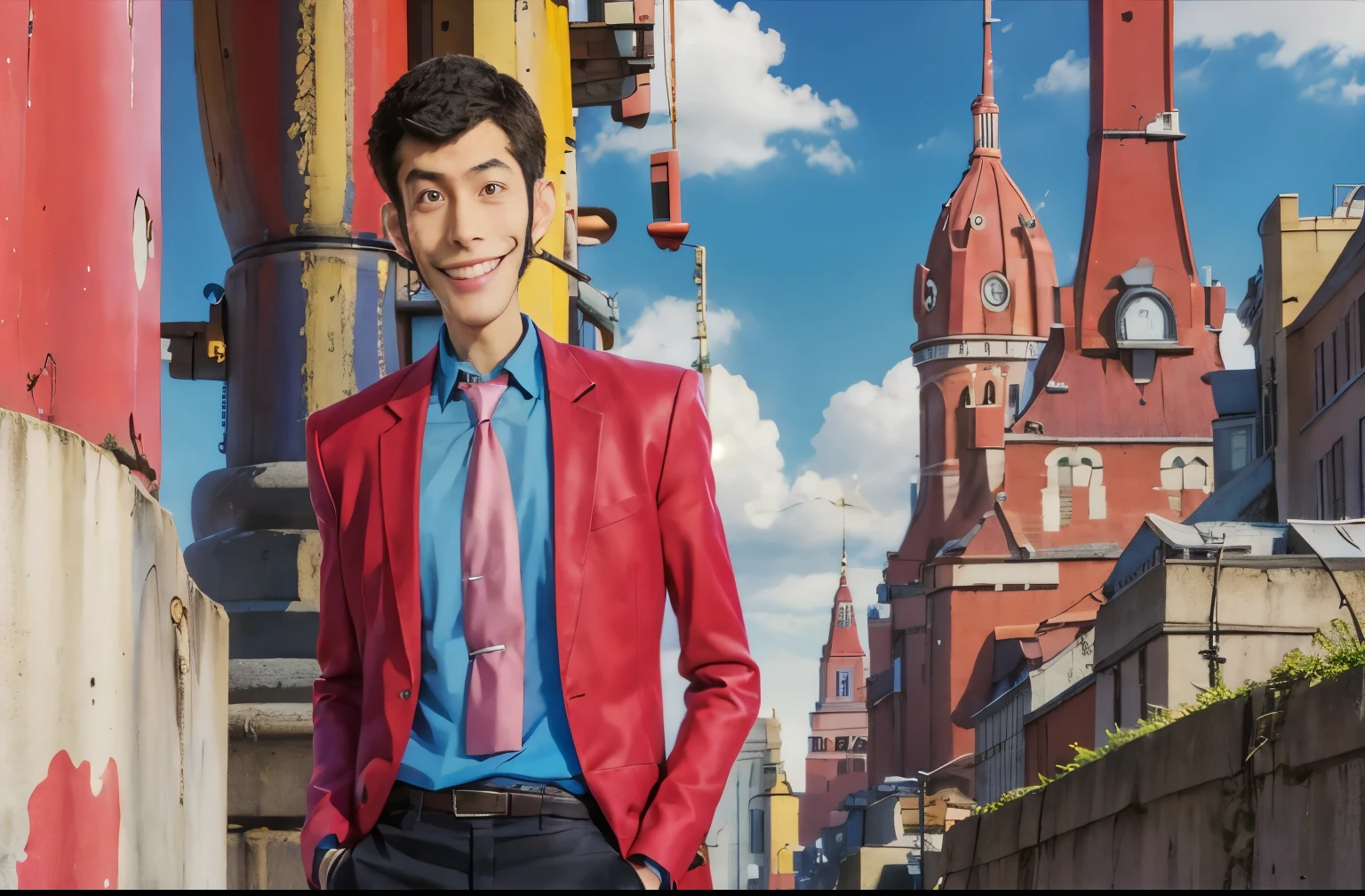 Lupin, red jacket, pink tie, smile, 1 boy, put one&#39;s hand in one&#39;s pocket, urban background